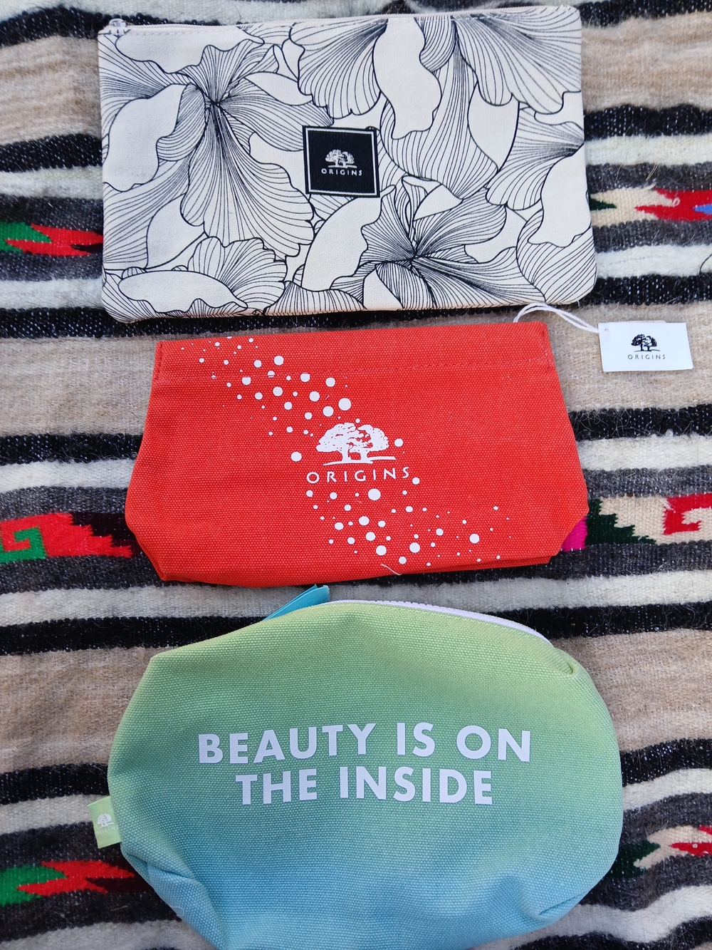 Origins Cosmetic Pouch Set Of 3 - Red, Green, Black/White
